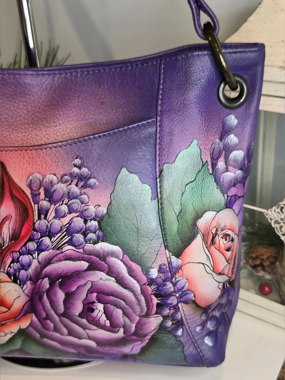 Anuschka Hand-Painted Purple Floral Leather Shoulder Bag - Picture 3 of 14